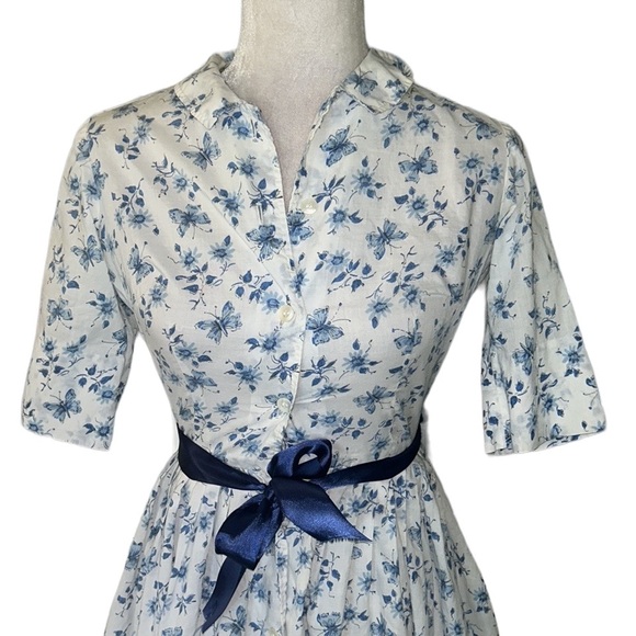 The Villager Vintage 60s Blue White Butterfly Floral Belted Button Down Dress XS - Picture 2 of 10